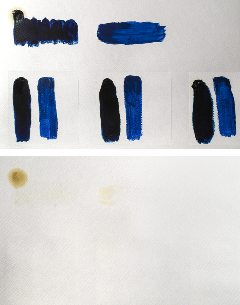 Blue oil paint tested on Watercolour Paper with and without primer