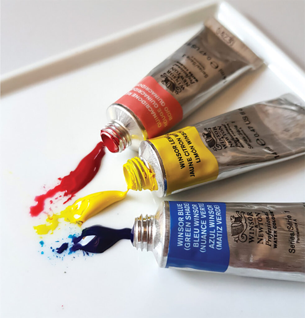 Image of three primary Winsor & Newton watercolour tubes
