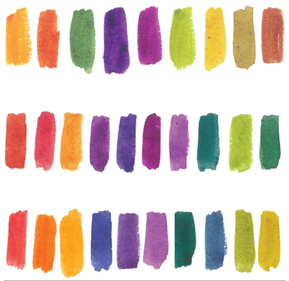 Colour swatches of two colour primary mixes