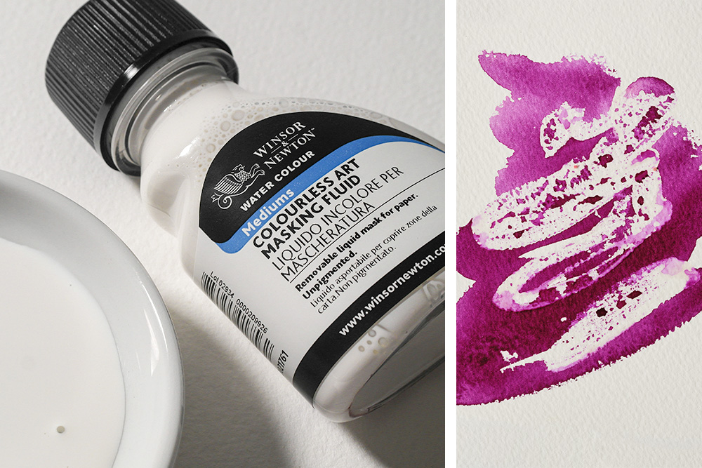 Winsor & Newton Colourless Masking Fluid bottle with sample and painted example to the right