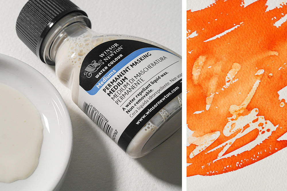 Winsor & Newton Permanent Masking Fluid bottle with sample and painted example to the right