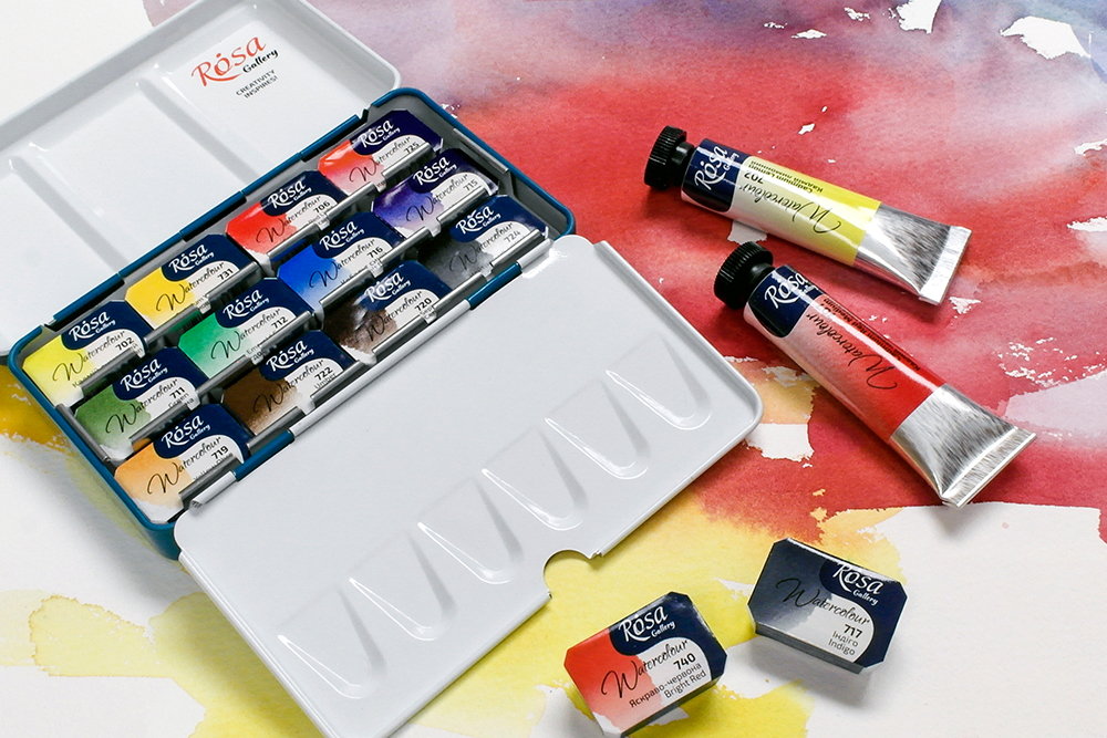 A set of Rosa Gallery Watercolour Paints with tubes and pans.
