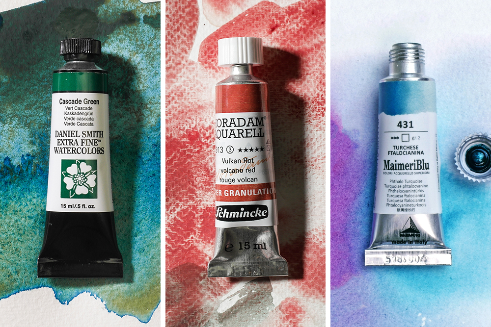 Tubes of Daniel Smith, Schmincke Horadam and MaimeriBlu watercolour paints.