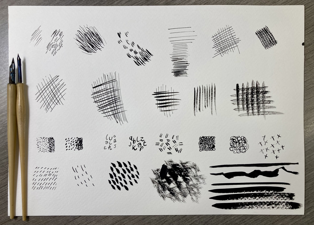 Image of different marks made using dip pens