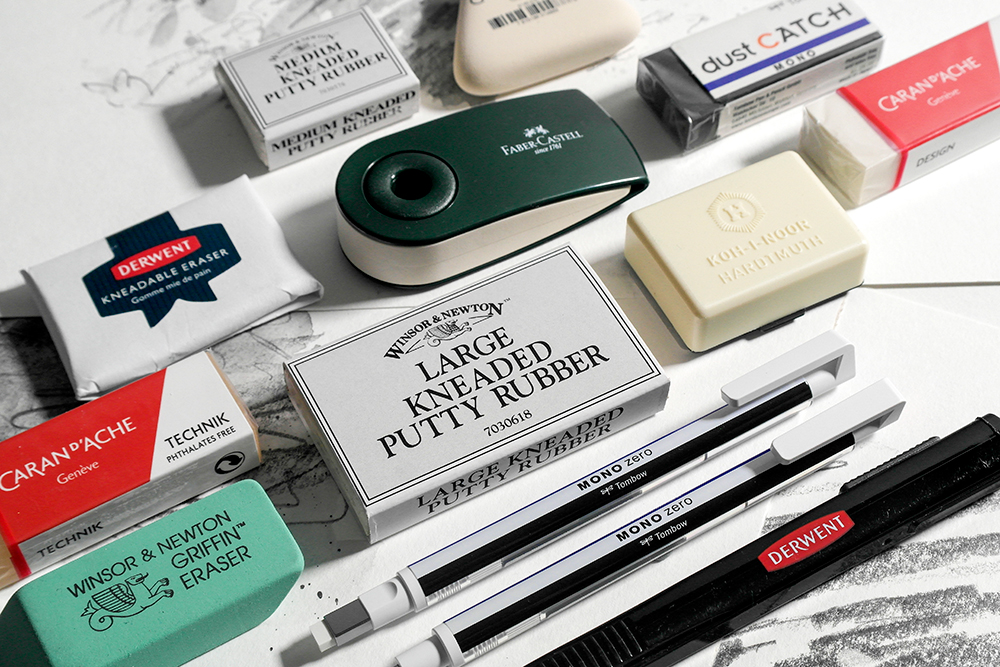 An assortment of artists erasers from Caran d'Ache, Faber-Castell, Derwent, Winsor & Newton, Tombow Mono and Koh-I-Noor.