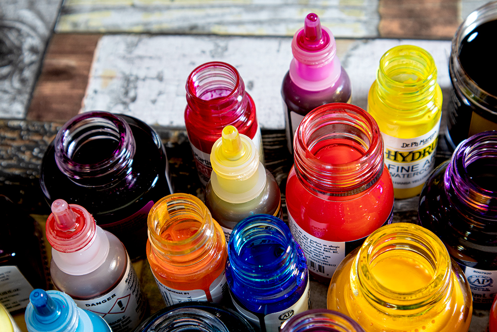 Assorted artists inks in a variety of colours