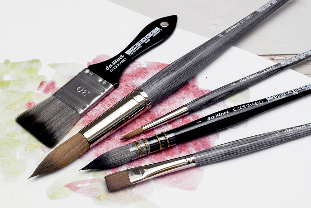 A selection of Vegan Watercolour Brushes from the Da Vinci Casaneo Synthetic Squirrel and Colineo Synthetic Kolinsky Sable brush ranges.