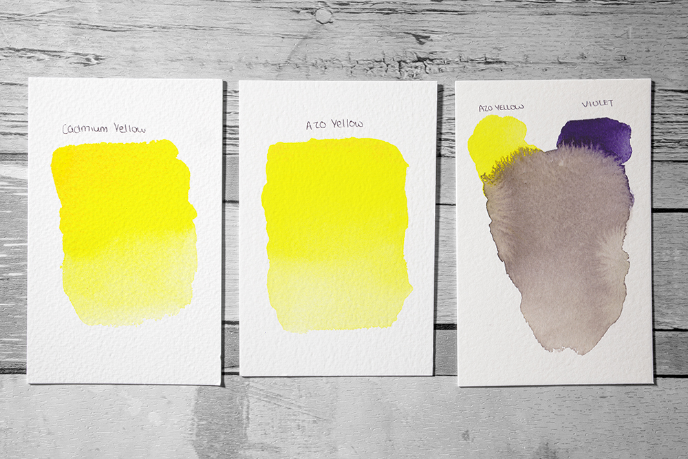 Comparing Cadmium Yellow Light and Azo Yellow. Mixing Azo Yellow with Violet.