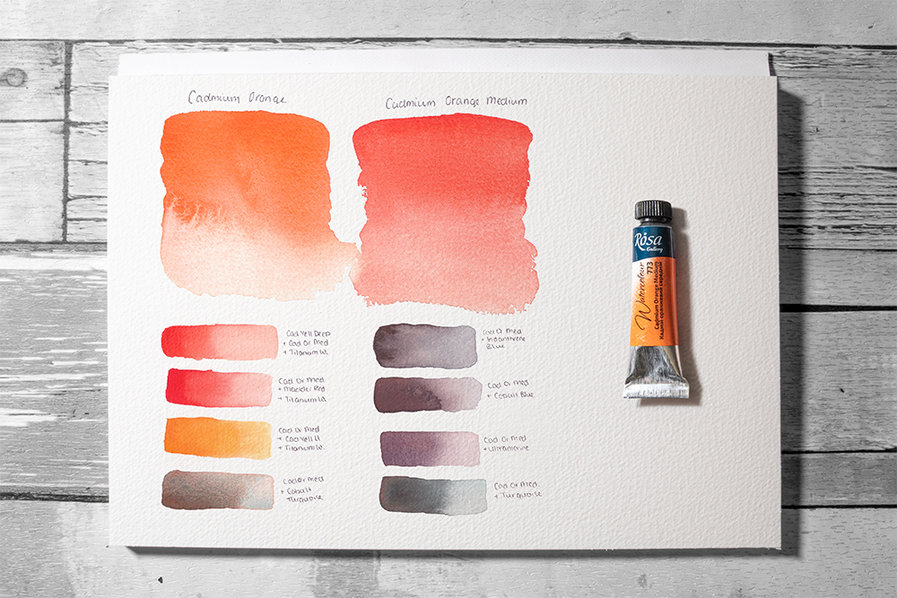 Comparing Cadmium Orange and Cadmium Orange Medium, plus neutral and floral mixes.