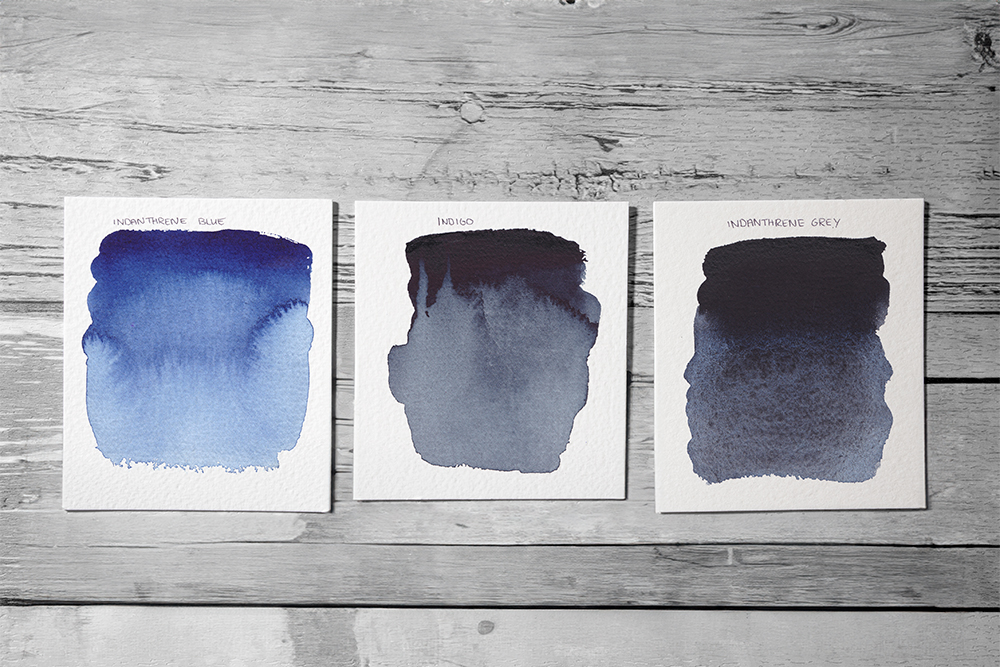 Indanthrene Blue, Indigo and Indanthrene Grey compared side by side.