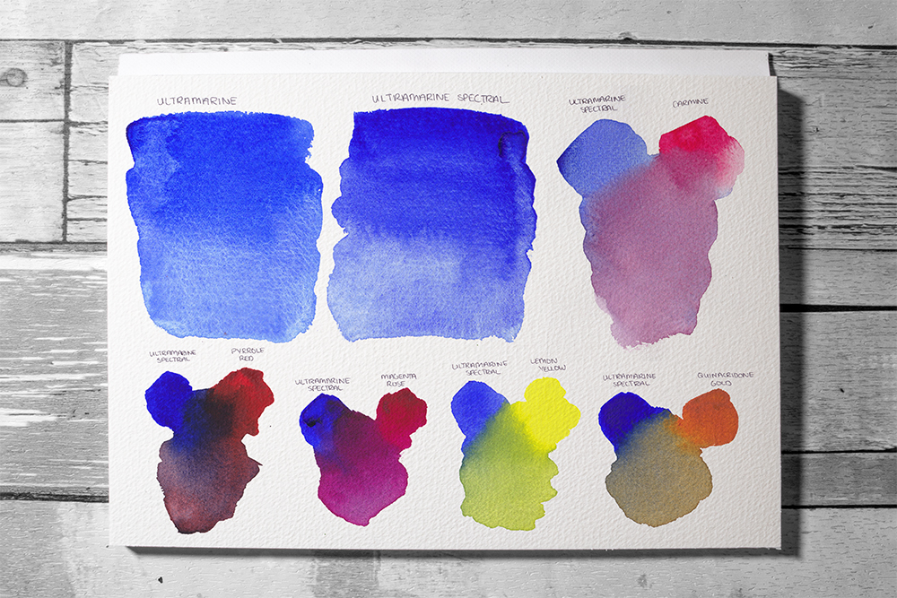 Comparin Ultramarine and Ultramarine Spectral, plus mixes with various colours.