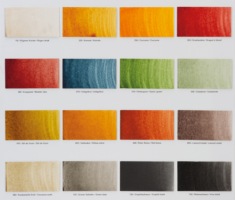 Hand painted colour swatches of the 16 Schmince Horadam Naturals Watercolour Paints