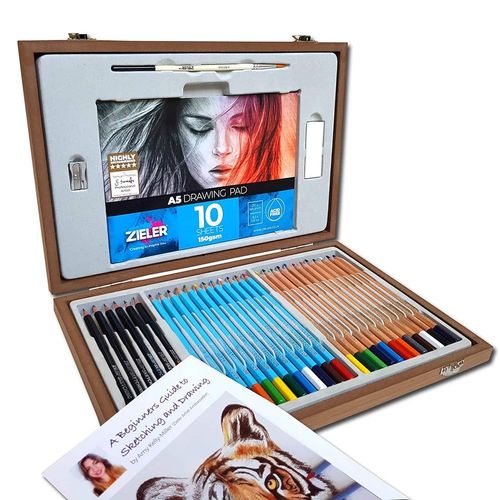 Image of Zieler Artist Sketching and Coloured Pencil Wooden Box Set
