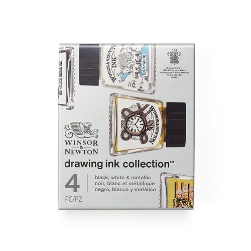 Image of Winsor & Newton Drawing Ink Set of 4 Black, White & Metallic